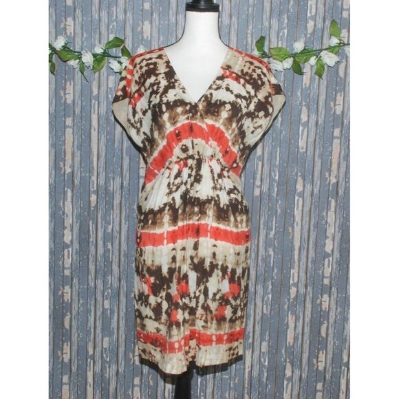 Vince Camuto Brown Orange Dress Size 6 Elastic Waist Pockets V-Neck Cap Sleeves - Picture 1 of 7